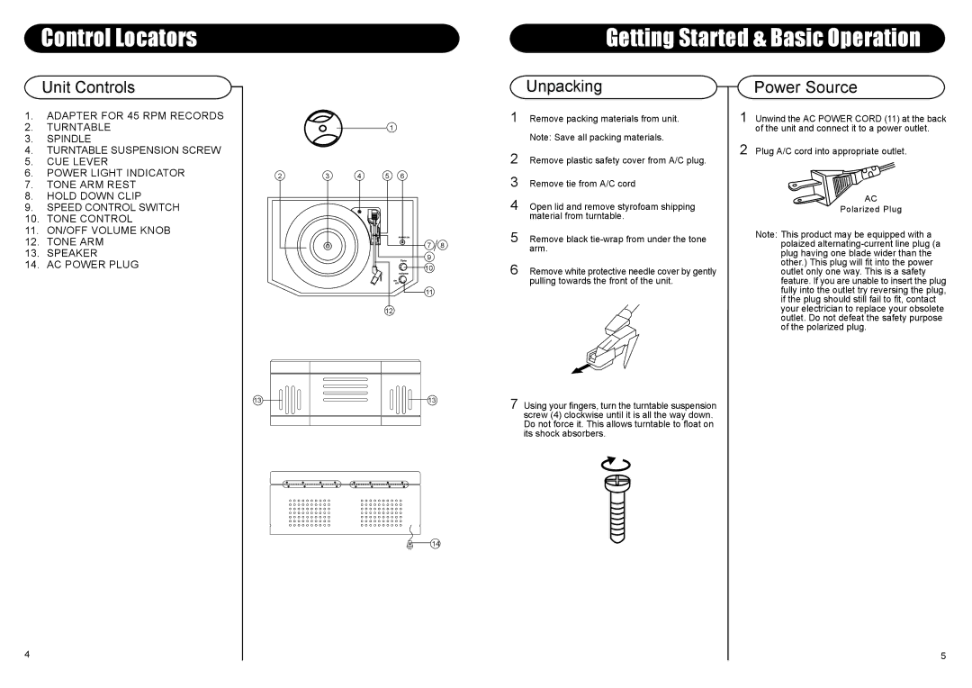 Crosley CR46 instruction manual Control Locators Getting Started & Basic Operation, Unit Controls, Unpacking, Power Source 