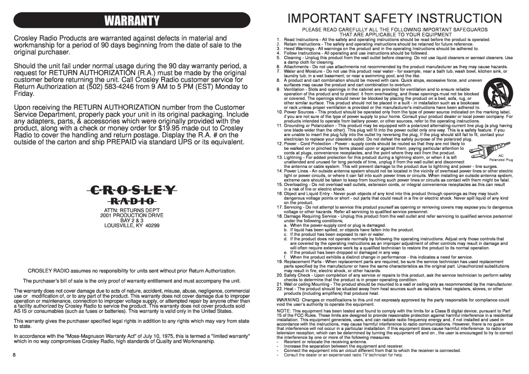 Crosley CR46 instruction manual Warranty, Important Safety Instruction 