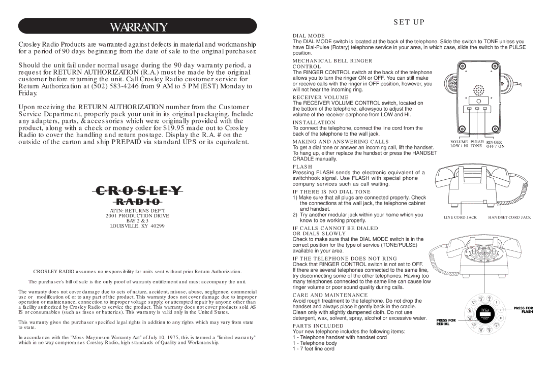 Crosley CR58 Dial Mode, Mechanical Bell Ringer Control, Receiver Volume, Installation, Making and Answering Calls, Flash 