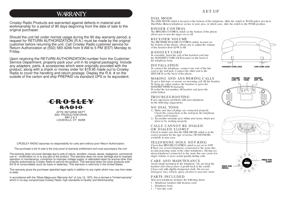 Crosley CR59 Dial Mode, Ringer Control, Receiver Volume, Handset Cord, Installation, Making and Answering Calls 