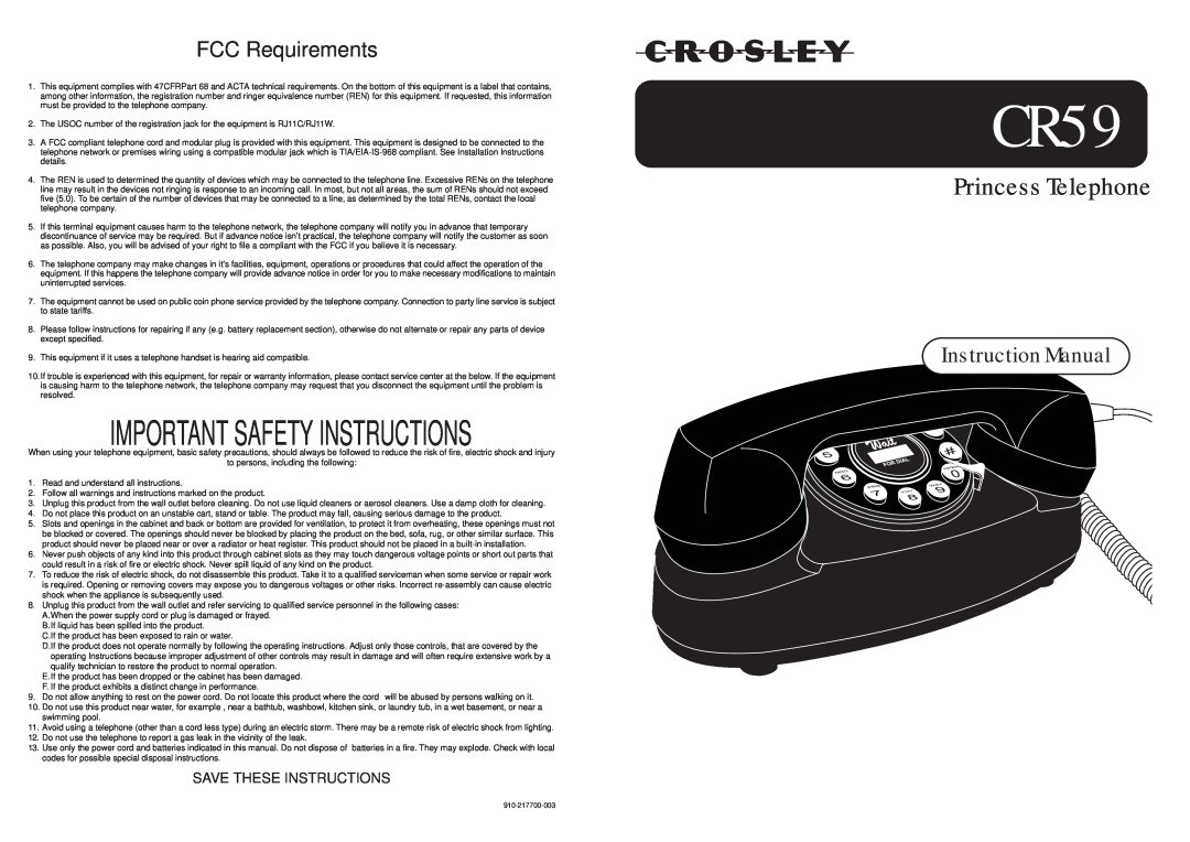 Crosley CR59 instruction manual Important Safety Instructions, Princess Telephone, Instruction Manual, FCC Requirements 