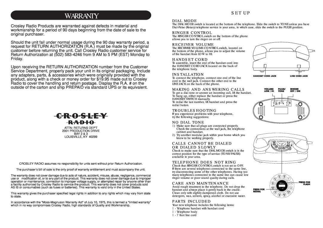 Crosley CR59 instruction manual Warranty, Set Up 