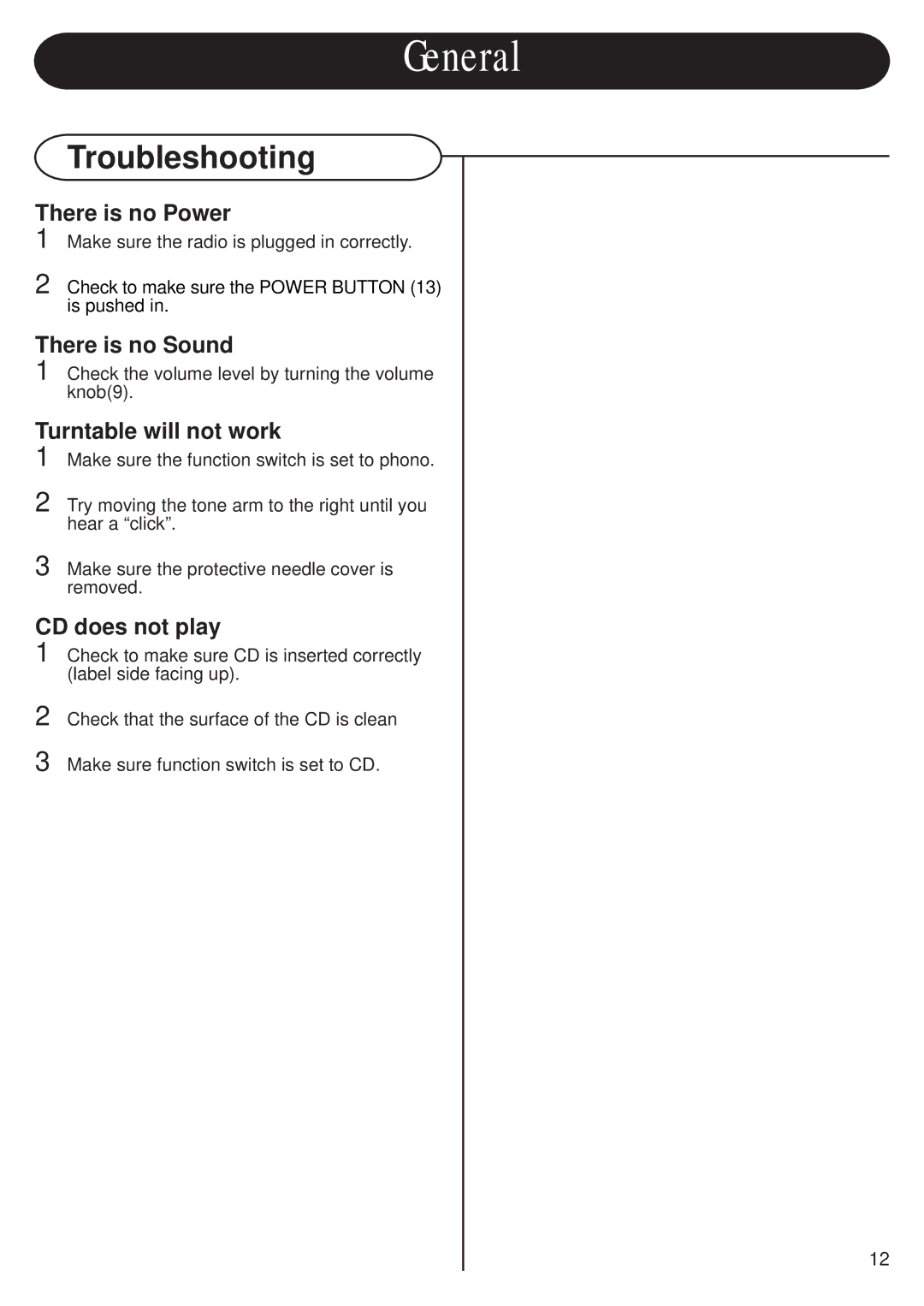 Crosley CR703 instruction manual General, Troubleshooting 