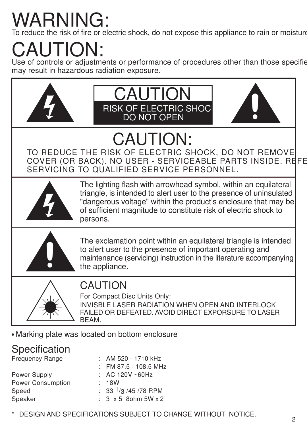 Crosley CR703 instruction manual Specification, Do not Open 