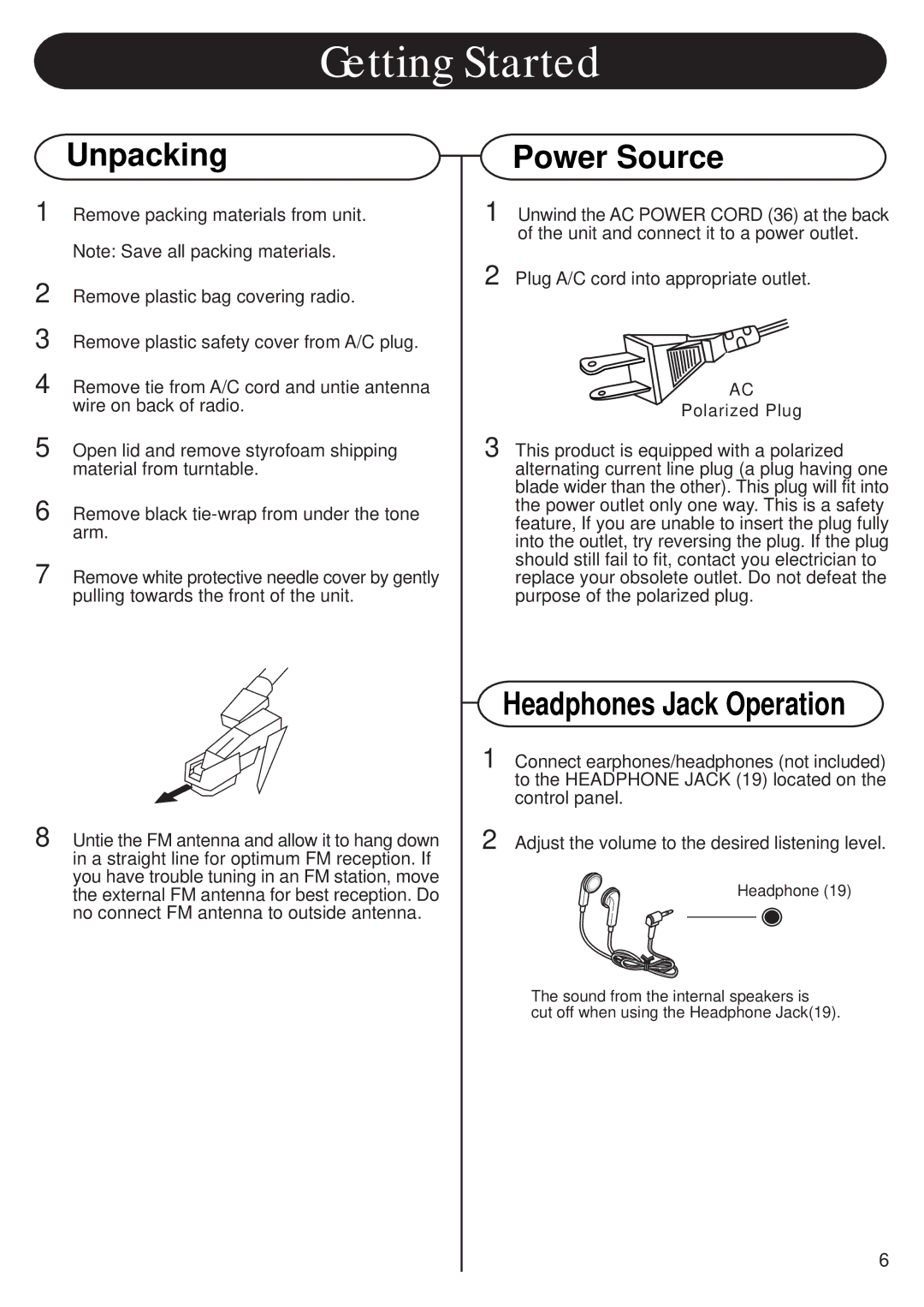 Crosley CR703 instruction manual Getting Started, Unpacking, Power Source 