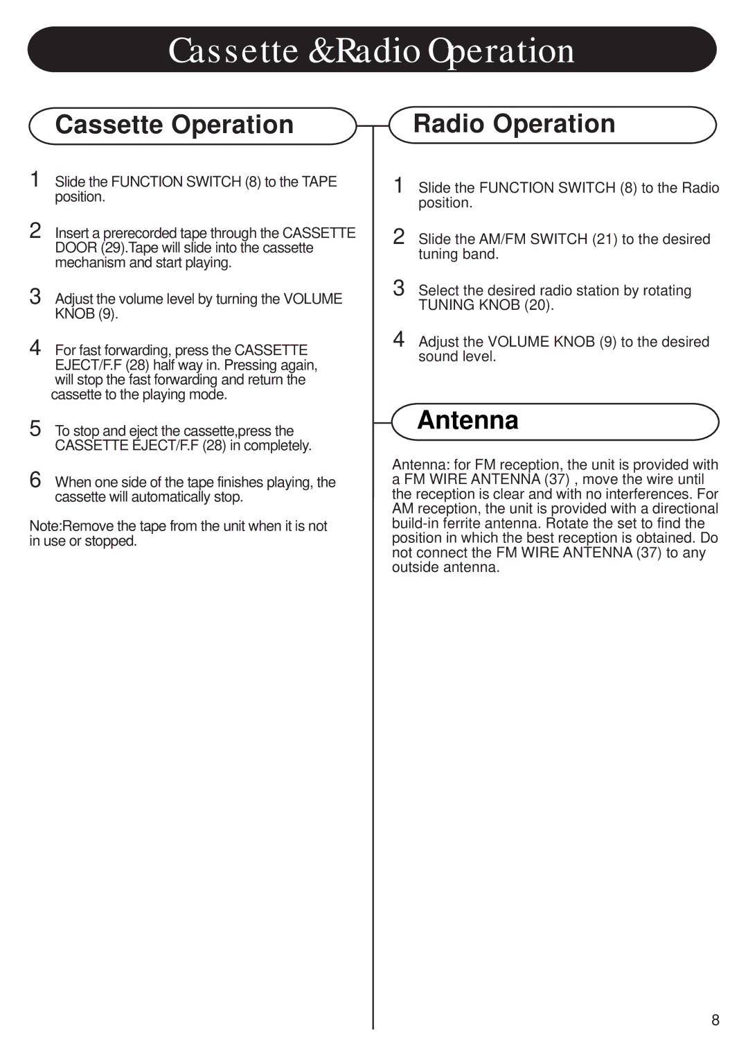 Crosley CR703 instruction manual Cassette & Radio Operation, Cassette Operation, Antenna 