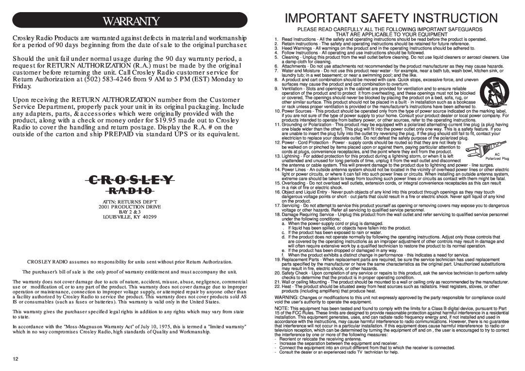 Crosley CR74-S instruction manual Warranty, Important Safety Instruction 