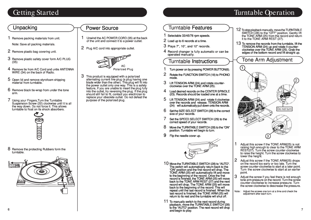 Crosley CR74-S instruction manual Getting Started, Turntable Operation, Unpacking, Power Source, Tone Arm Adjustment 