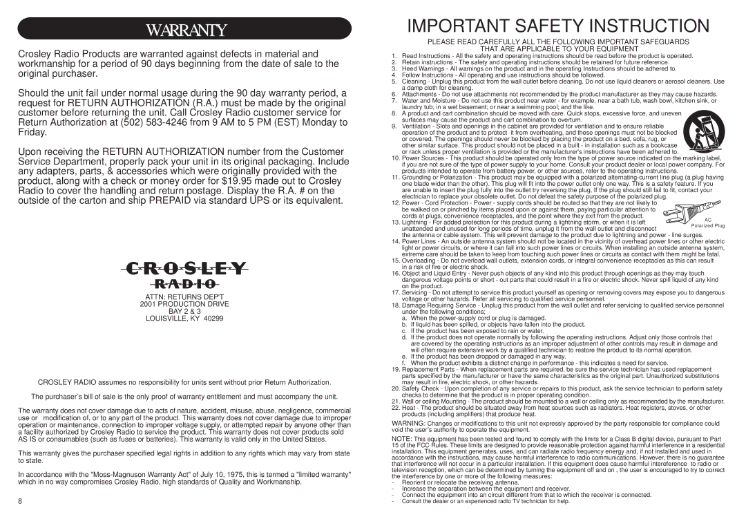 Crosley CR85 instruction manual Warranty, BAY 2 