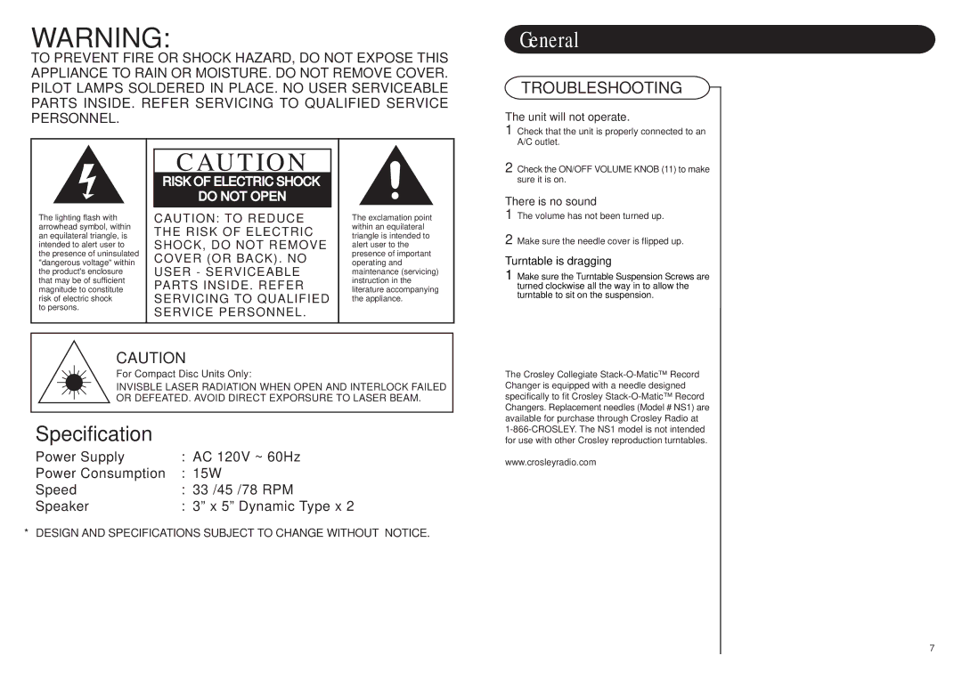 Crosley CR85 instruction manual General, Check that the unit is properly connected to an A/C outlet 