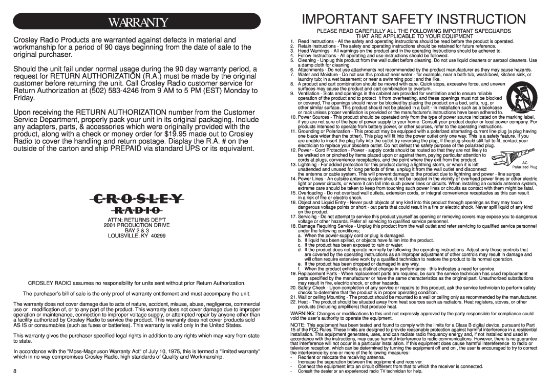 Crosley CR85 instruction manual Warranty, Important Safety Instruction 