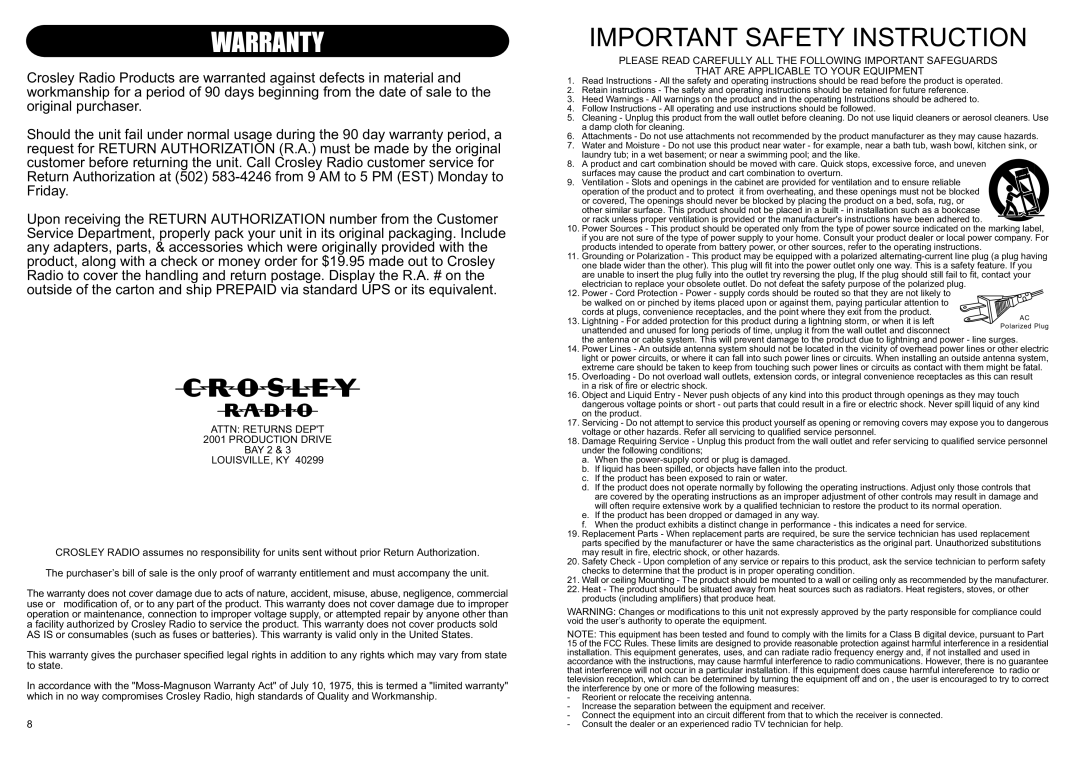 Crosley CR89 instruction manual Warranty 