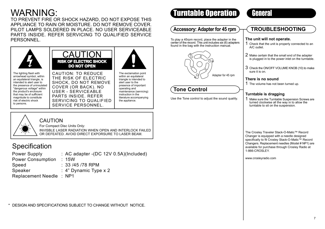 Crosley CR89 instruction manual Turntable Operation, Tone Control 