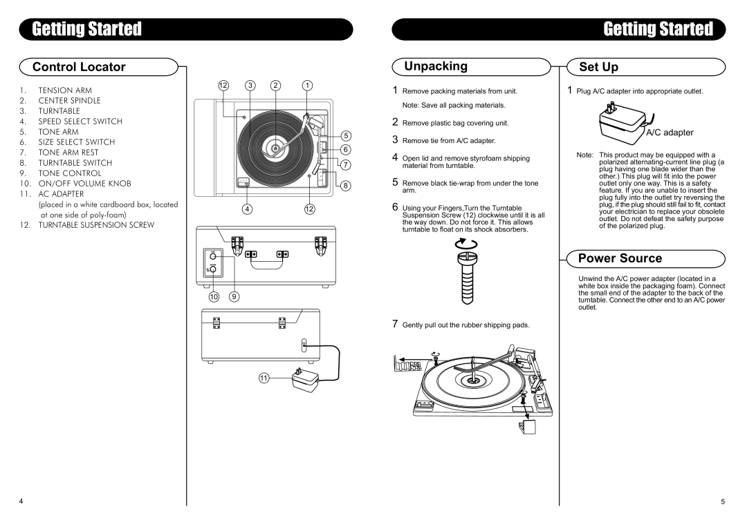 Crosley CR89 instruction manual Getting Started, Control Locator, Unpacking, Set Up, Power Source 