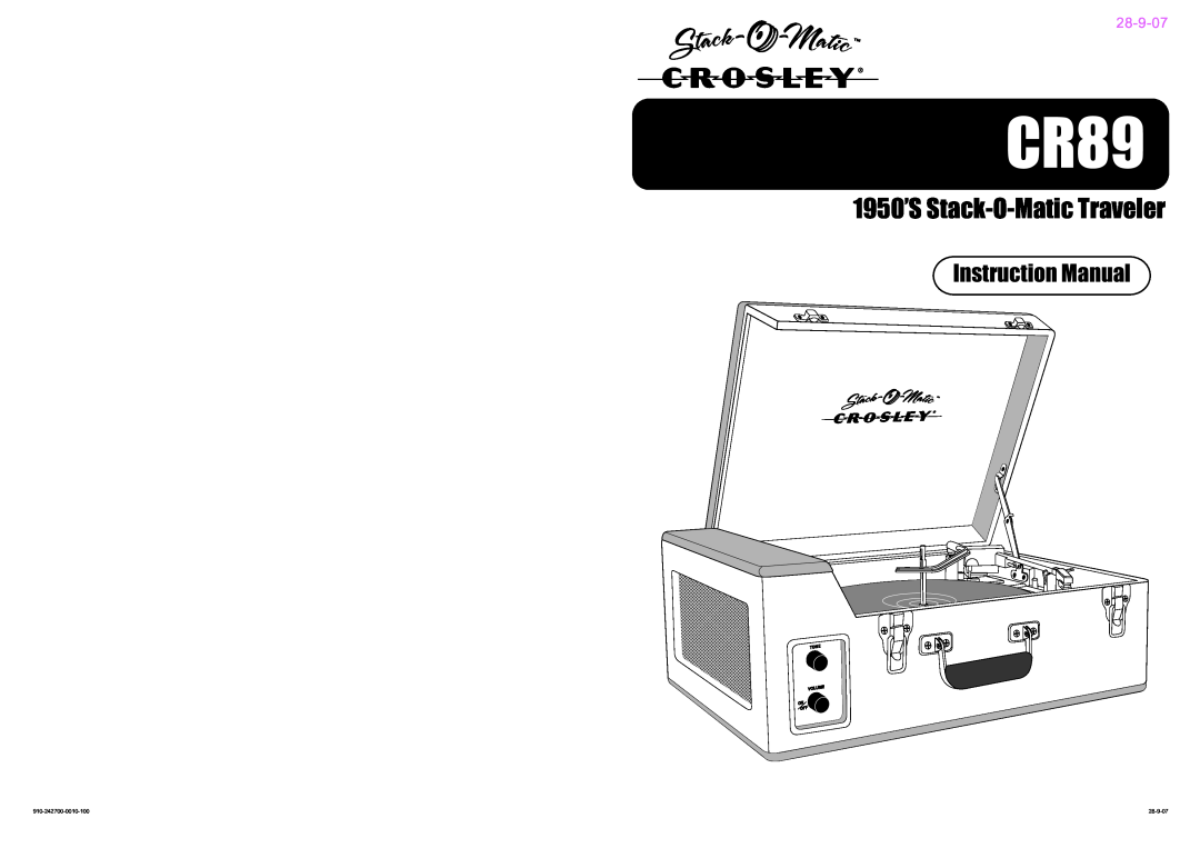 Crosley CR89 instruction manual 1950’S Stack-O-MaticTraveler, 28-9-07, 910-242700-0010-100 