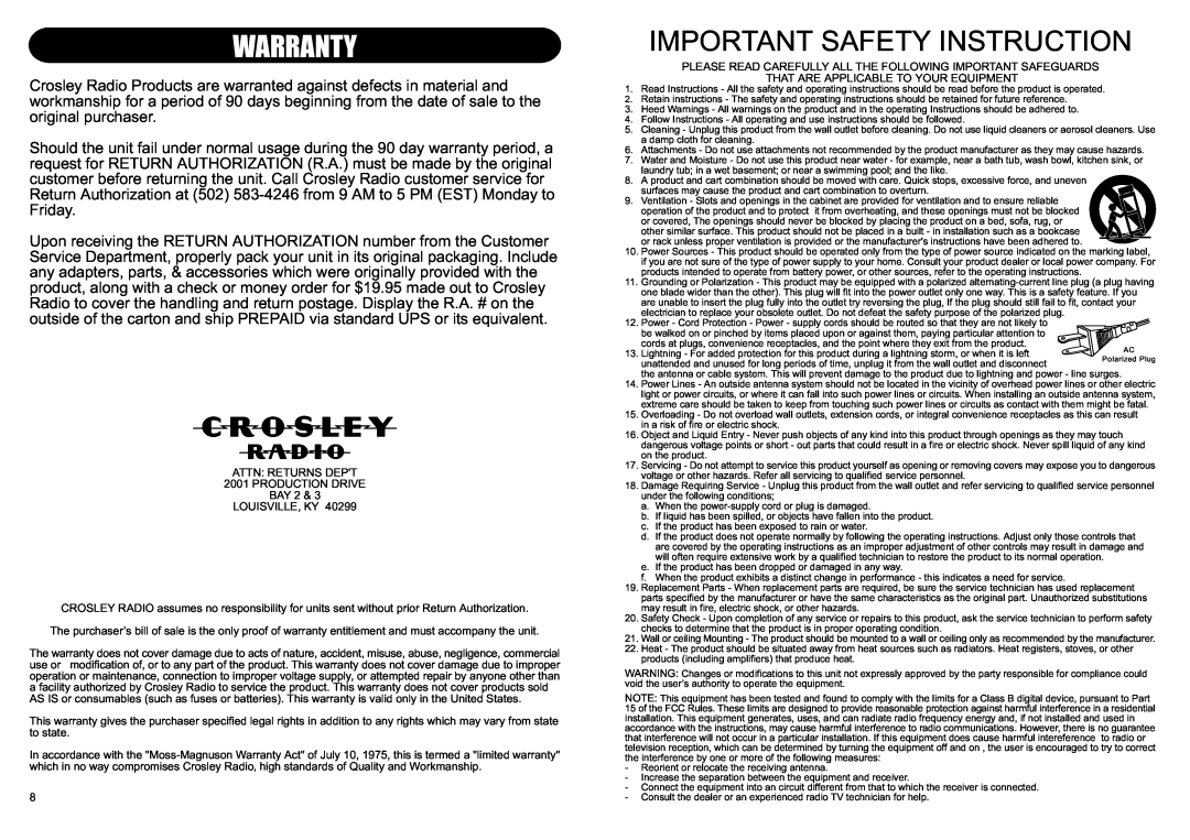 Crosley CR89 instruction manual Warranty, Important Safety Instruction 