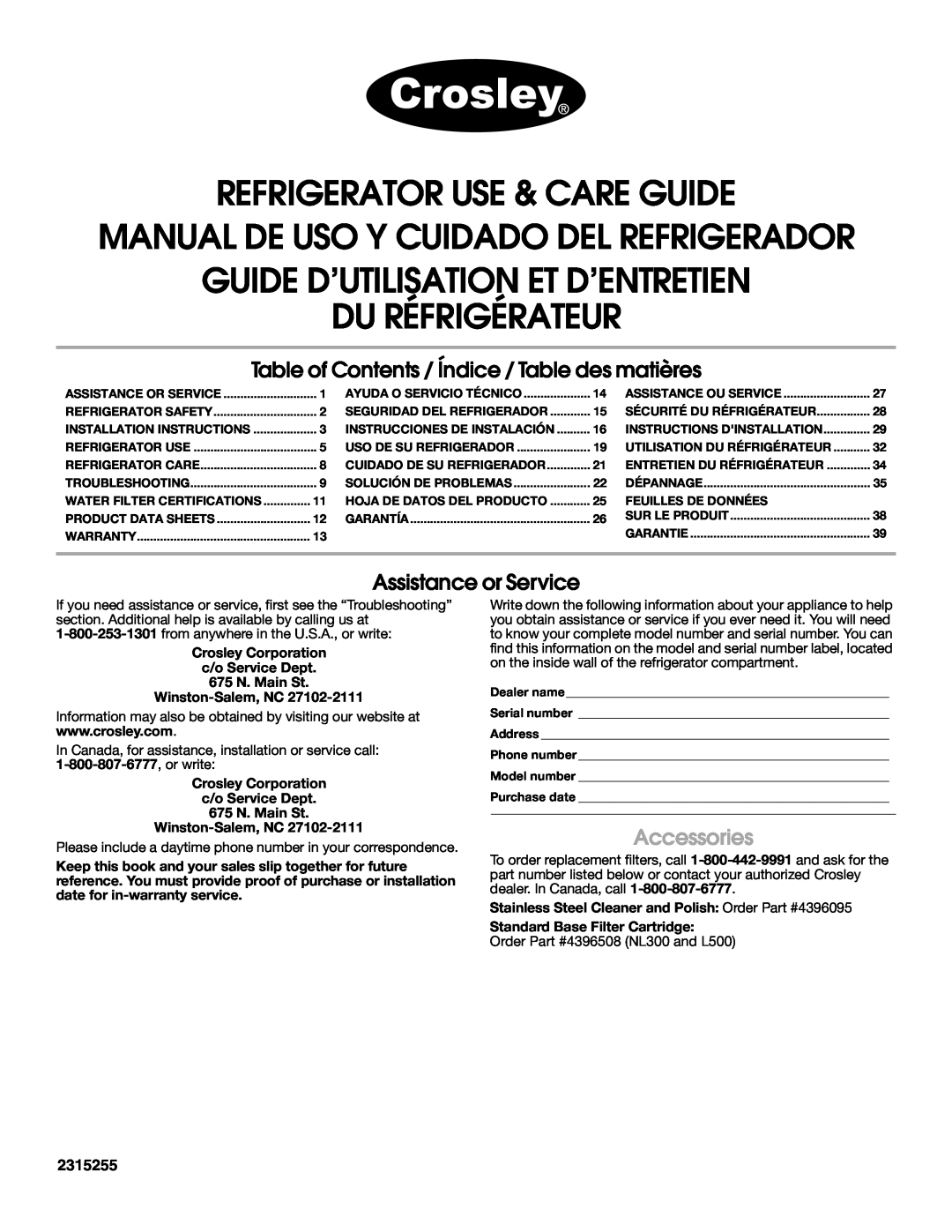 Crosley CS25AFXKT05 warranty Refrigerator Use & Care Guide, Manual De Uso Y Cuidado Del Refrigerador, Accessories, 2315255 