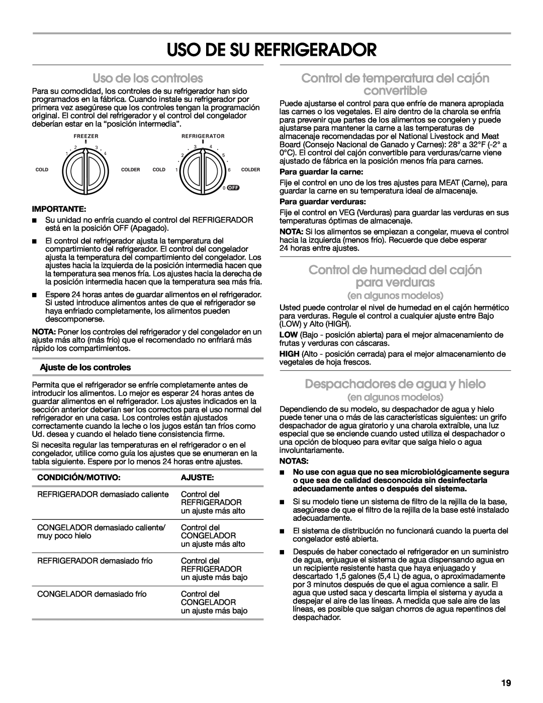 Crosley CS22AFXKT06 Uso De Su Refrigerador, Uso de los controles, Control de temperatura del cajón convertible, Ajuste 