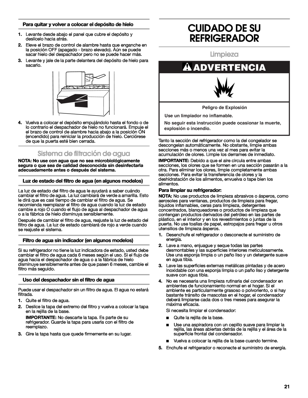 Crosley CS22AFXKT00 Cuidado De Su Refrigerador, Sistema de filtración de agua, Limpieza, Para limpiar su refrigerador 