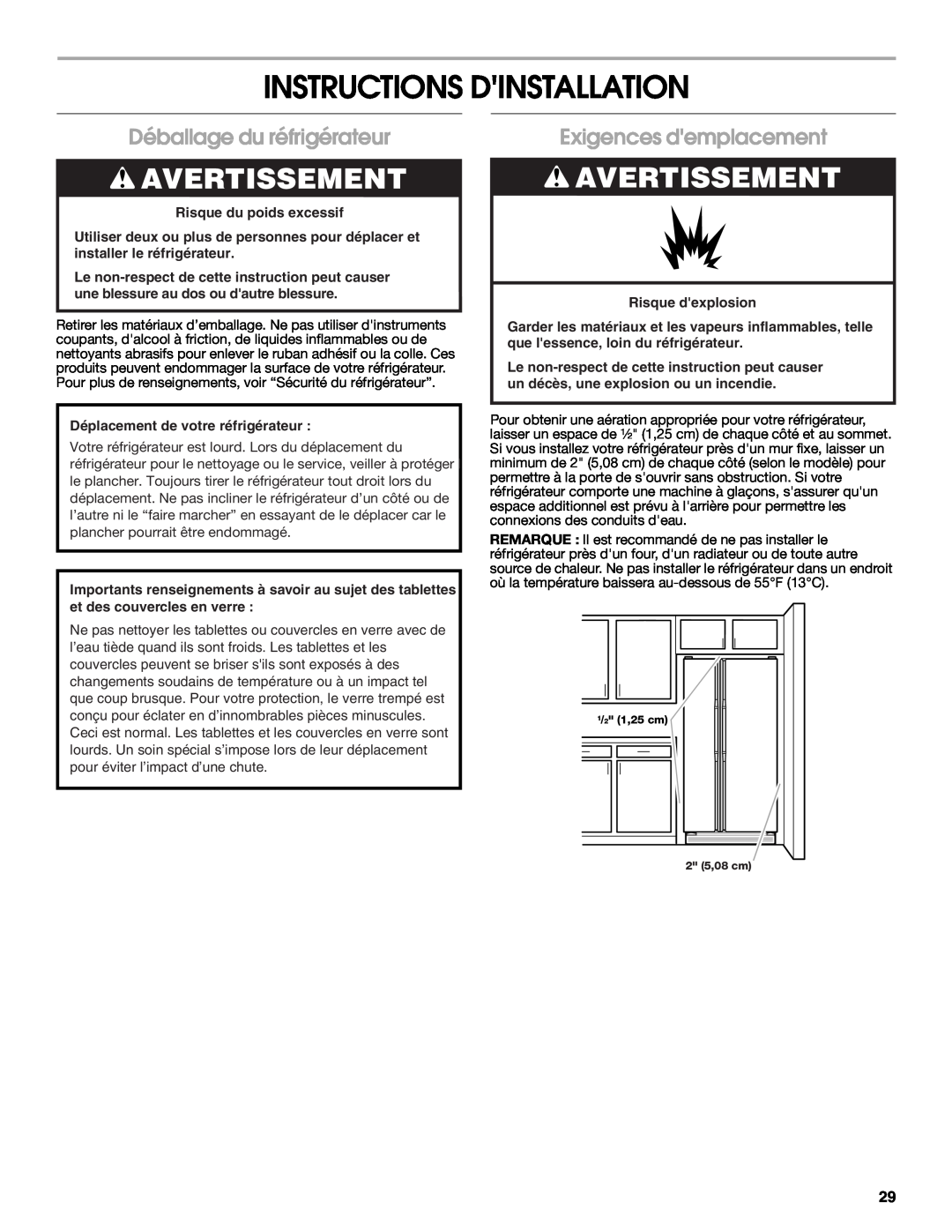 Crosley CS25AFXKT05 Instructions Dinstallation, Déballage du réfrigérateur, Exigences demplacement, Risque dexplosion 