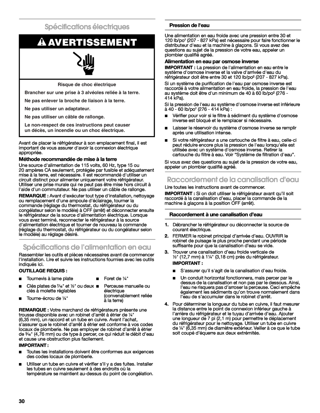 Crosley CS22AFXKB06 Spécifications électriques, Spécifications de l’alimentation en eau, Pression de leau, Avertissement 