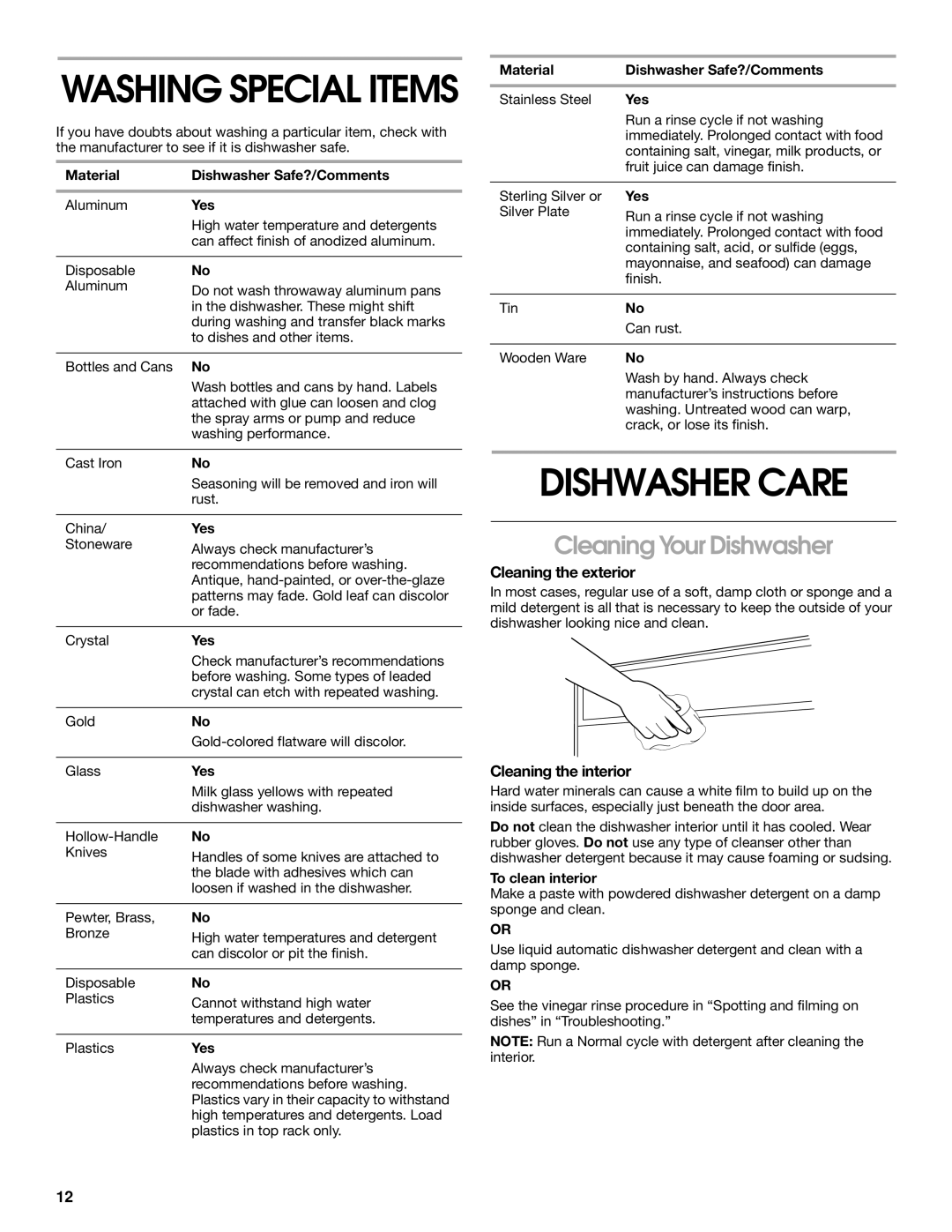 Crosley CUD4000 manual Dishwasher Care, Cleaning Your Dishwasher, Cleaning the exterior, Cleaning the interior 