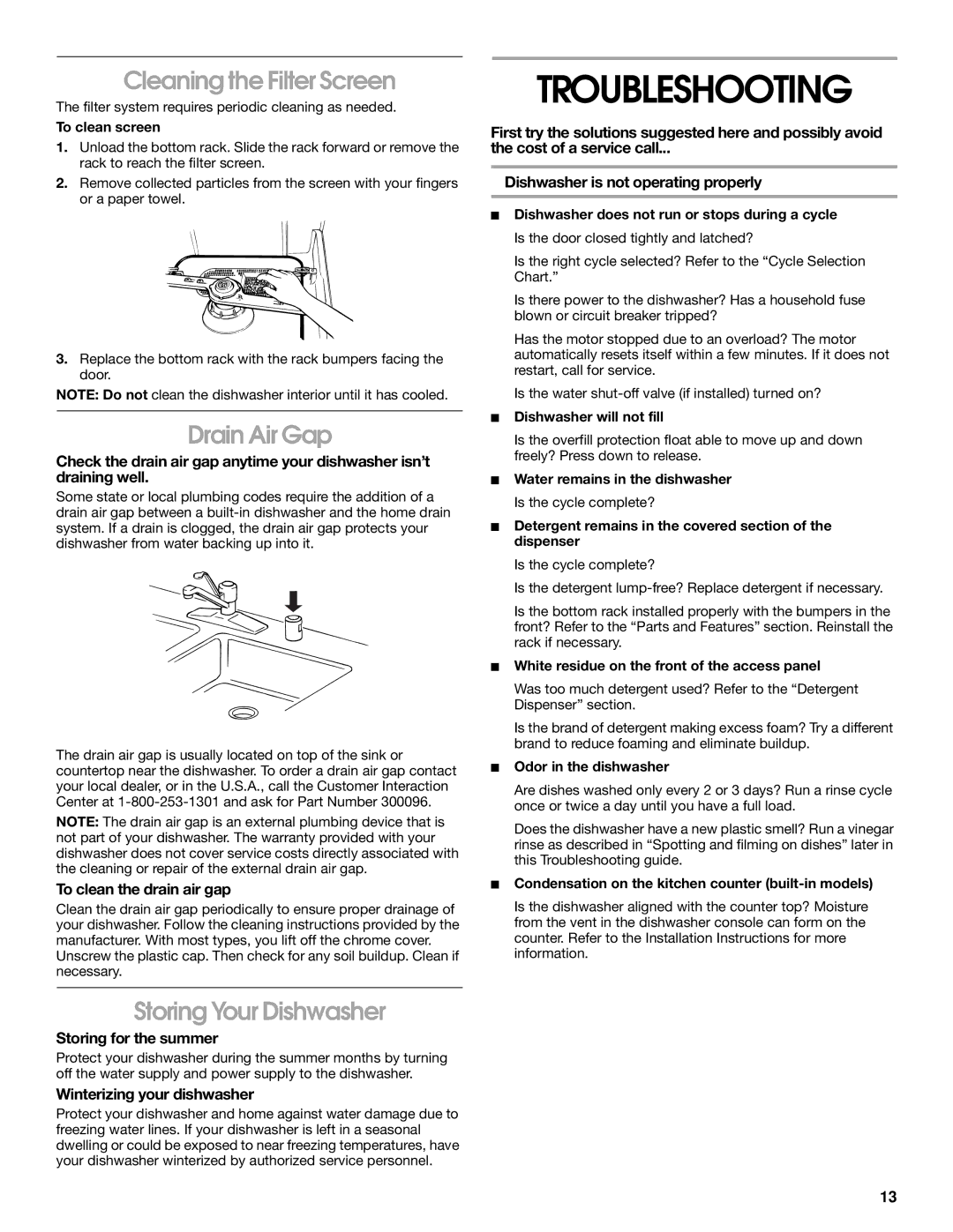 Crosley CUD4000 manual Troubleshooting, Cleaning the Filter Screen, Drain Air Gap, Storing Your Dishwasher 