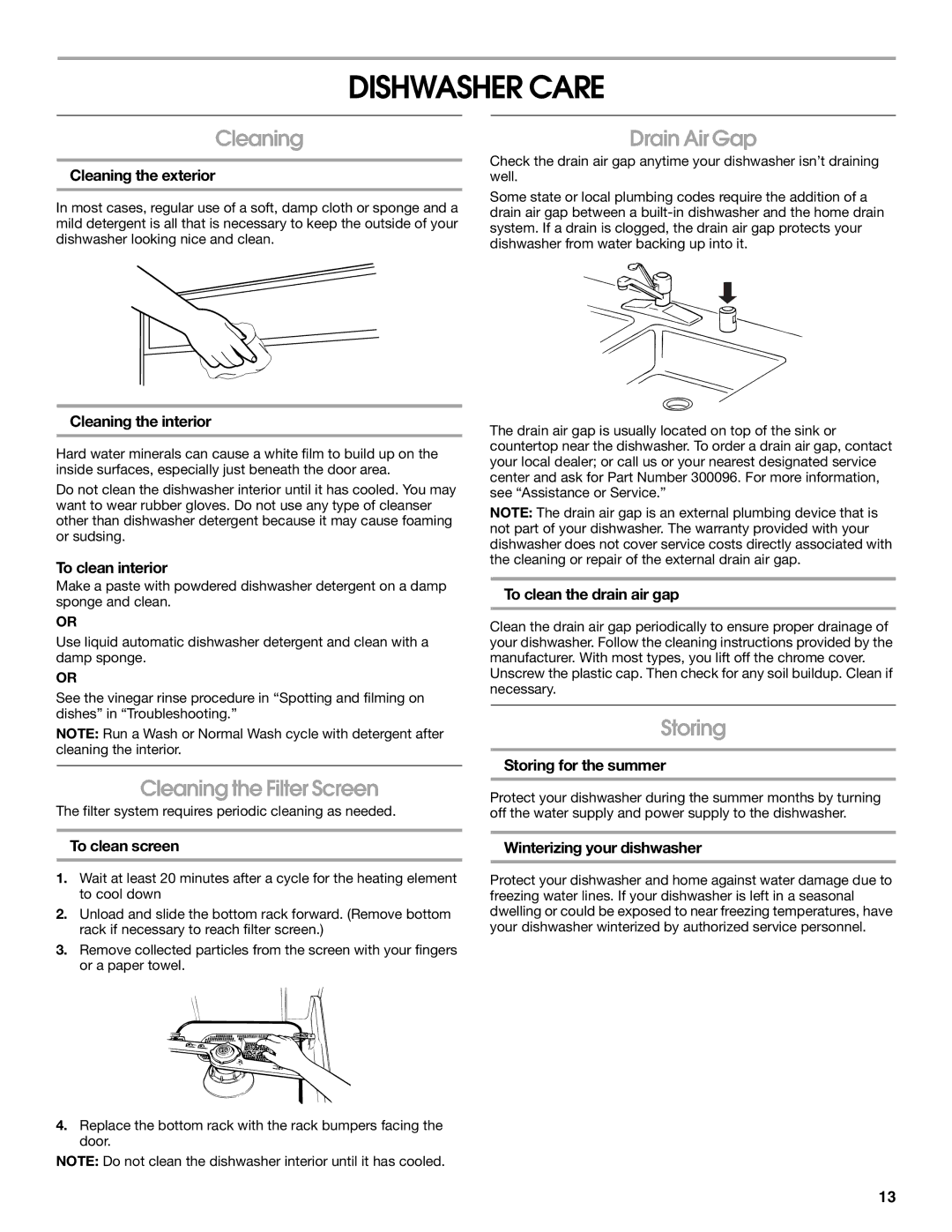 Crosley CUD4000T manual Dishwasher Care, Cleaning the Filter Screen, Drain Air Gap, Storing 