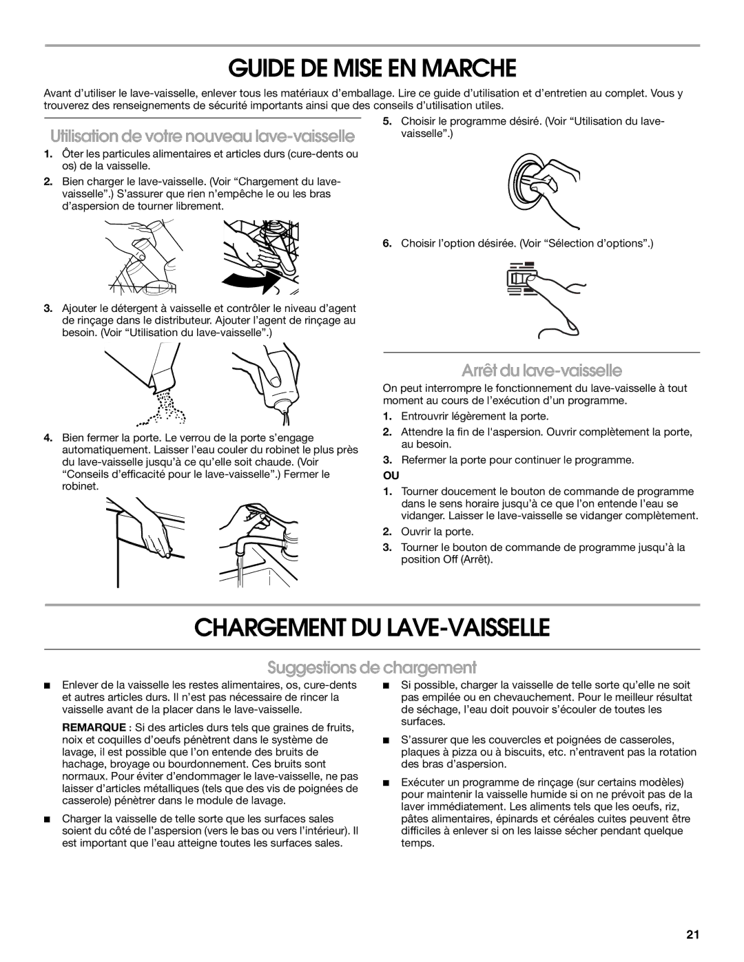 Crosley CUD4000T Guide DE Mise EN Marche, Chargement DU LAVE-VAISSELLE, Arrêt du lave-vaisselle, Suggestions de chargement 