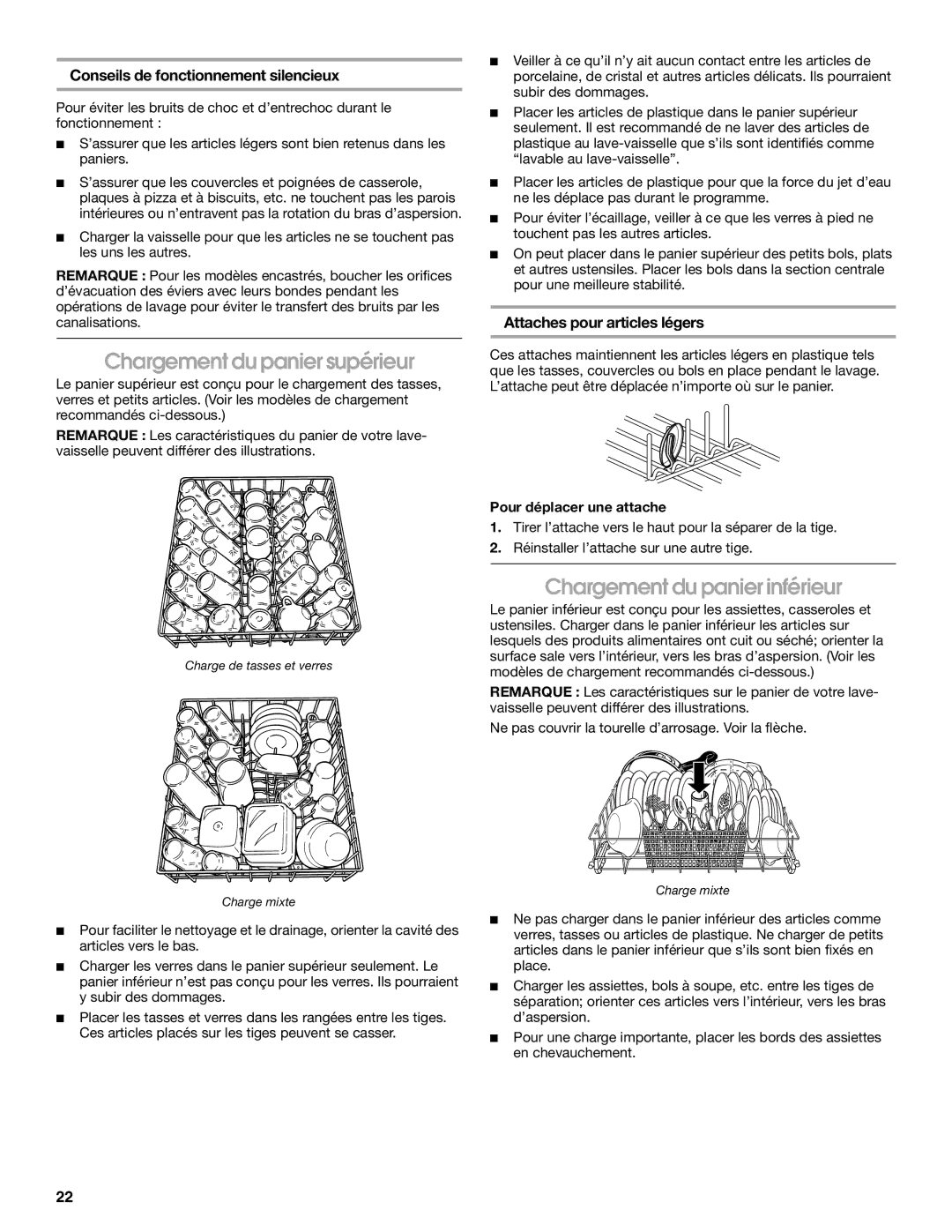 Crosley CUD4000T Chargement du panier supérieur, Chargement du panier inférieur, Conseils de fonctionnement silencieux 