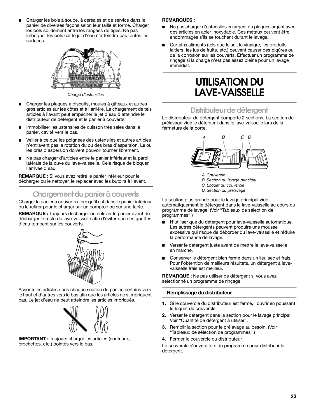 Crosley CUD4000T manual Utilisation DU LAVE-VAISSELLE, Chargement du panier à couverts, Distributeur de détergent 