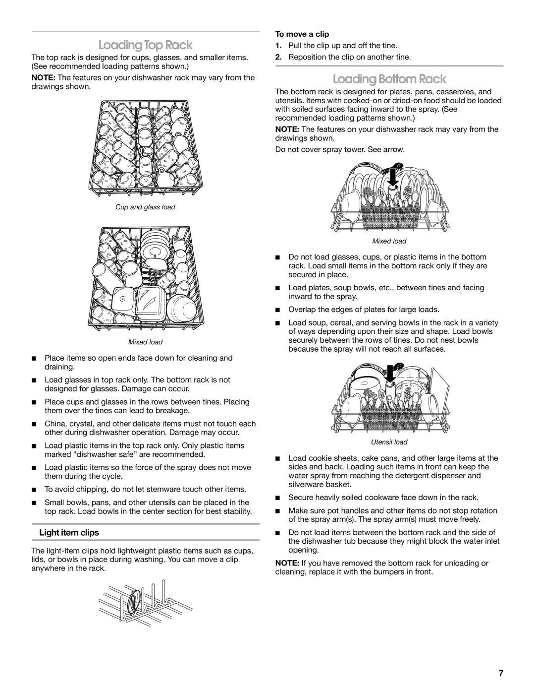 Crosley CUD4000T manual Loading Top Rack, Loading Bottom Rack, Light item clips, To move a clip 