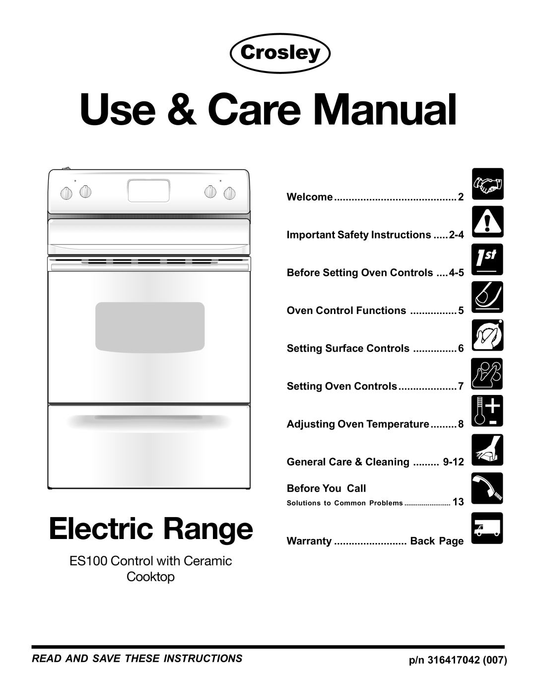 Crosley ES100 important safety instructions Important Safety Instructions Before Setting Oven Controls, Warranty Back 