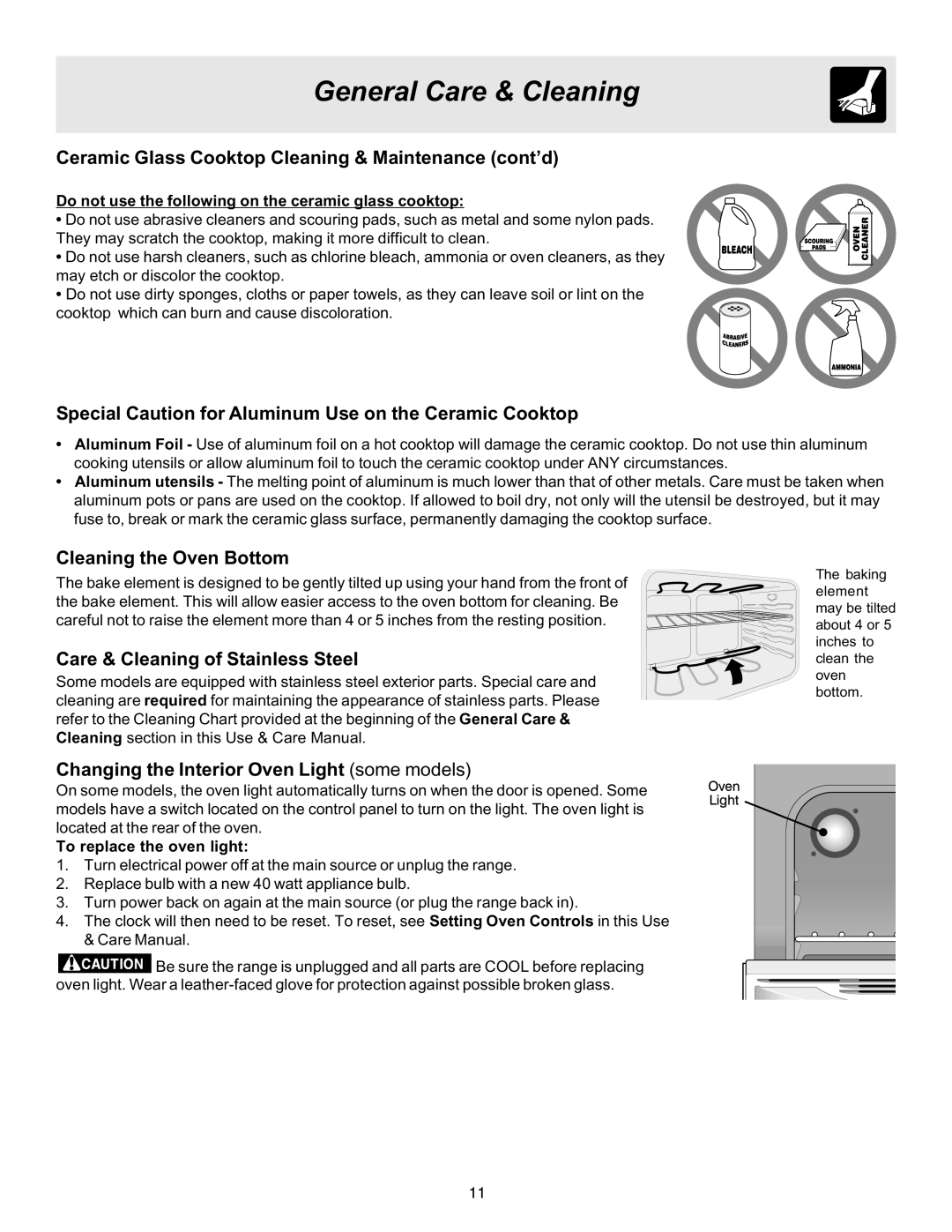 Crosley ES100 Ceramic Glass Cooktop Cleaning & Maintenance cont’d, Special Caution for Aluminum Use on the Ceramic Cooktop 