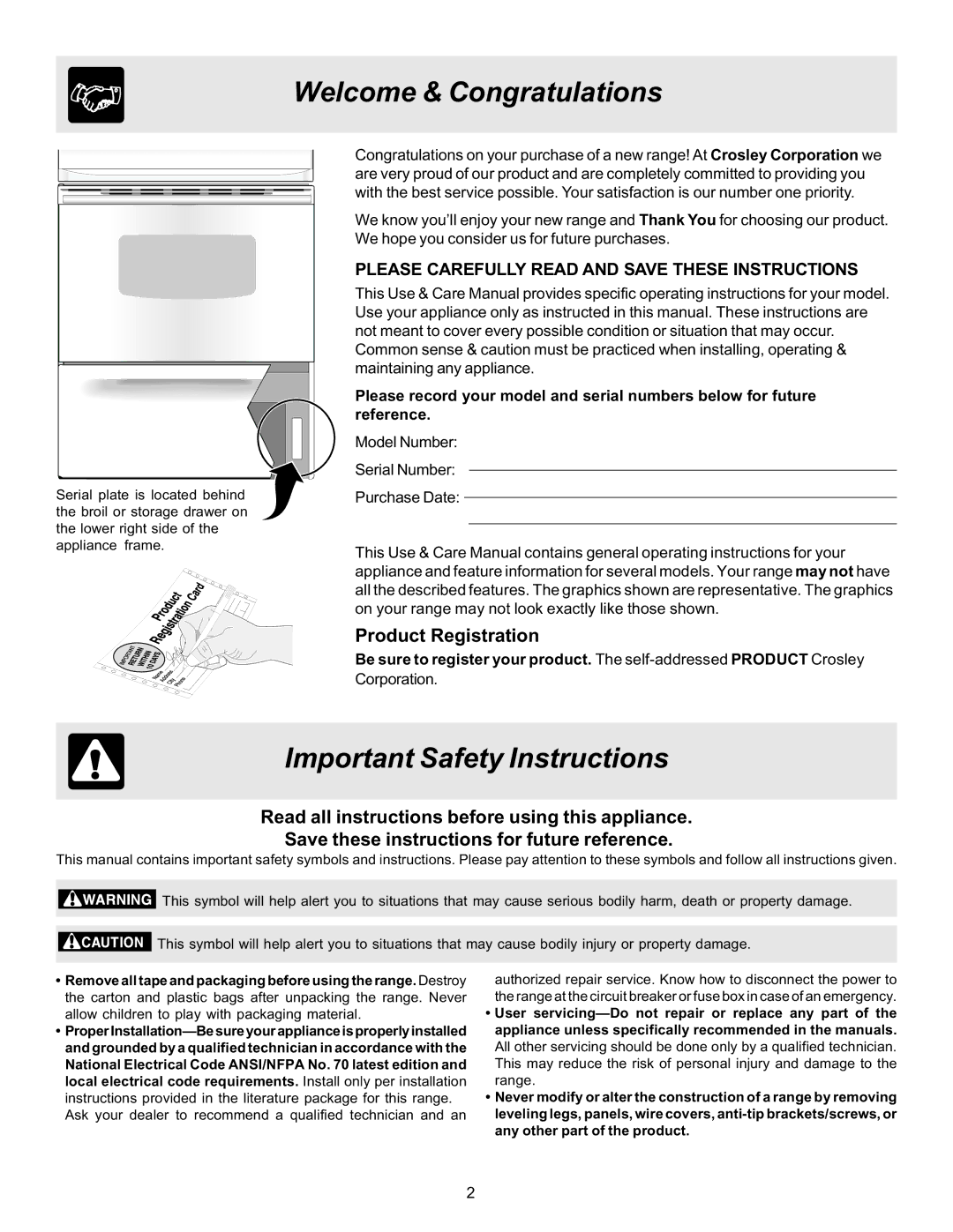 Crosley ES100 important safety instructions Welcome & Congratulations, Important Safety Instructions, Product Registration 