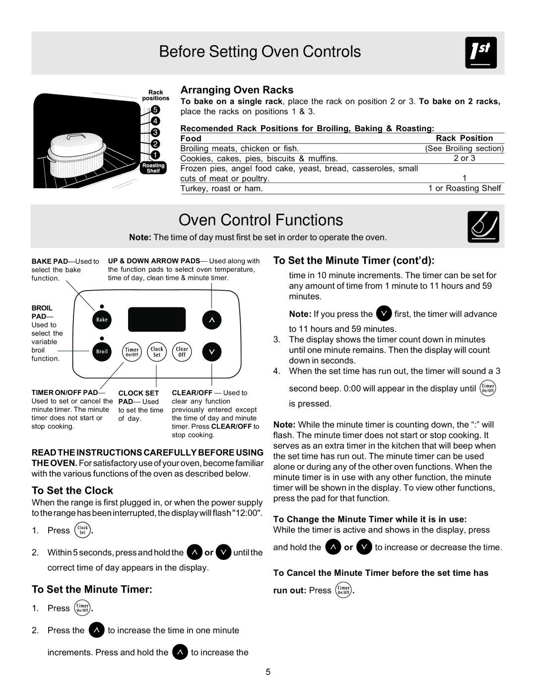 Crosley ES100 important safety instructions Oven Control Functions, To Set the Minute Timer cont’d, To Set the Clock 