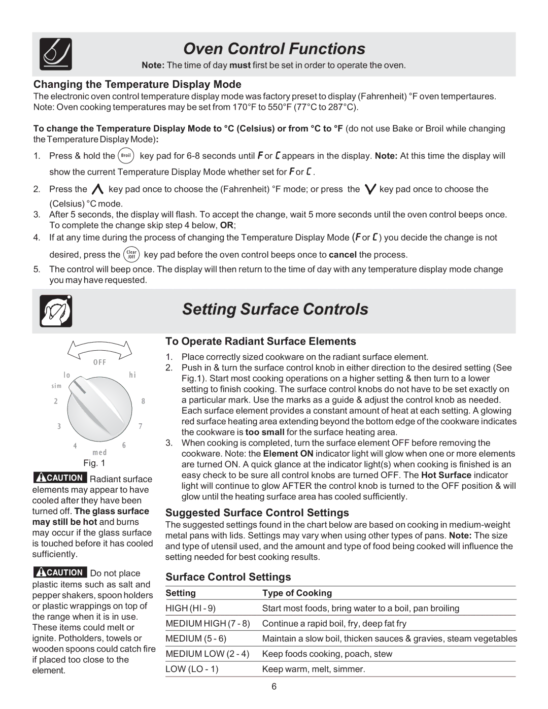 Crosley ES100 Setting Surface Controls, Changing the Temperature Display Mode, To Operate Radiant Surface Elements 