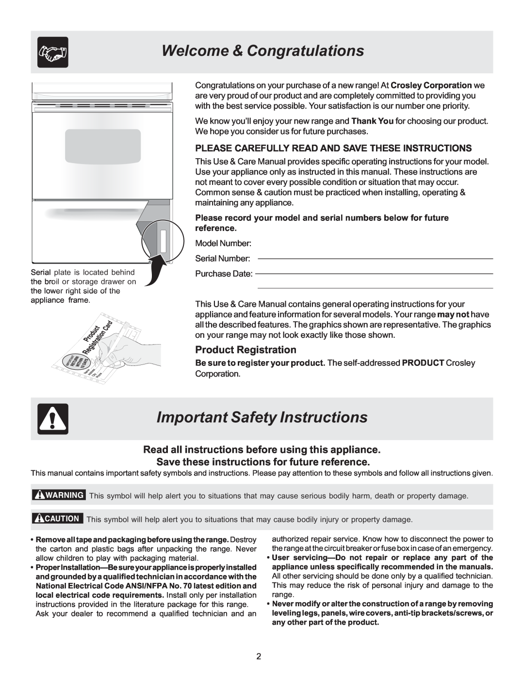 Crosley ES100 important safety instructions Welcome & Congratulations, Important Safety Instructions, Product Registration 