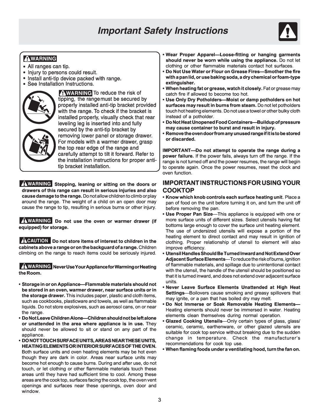 Crosley ES100 important safety instructions Important Instructions For Using Your Cooktop, Important Safety Instructions 