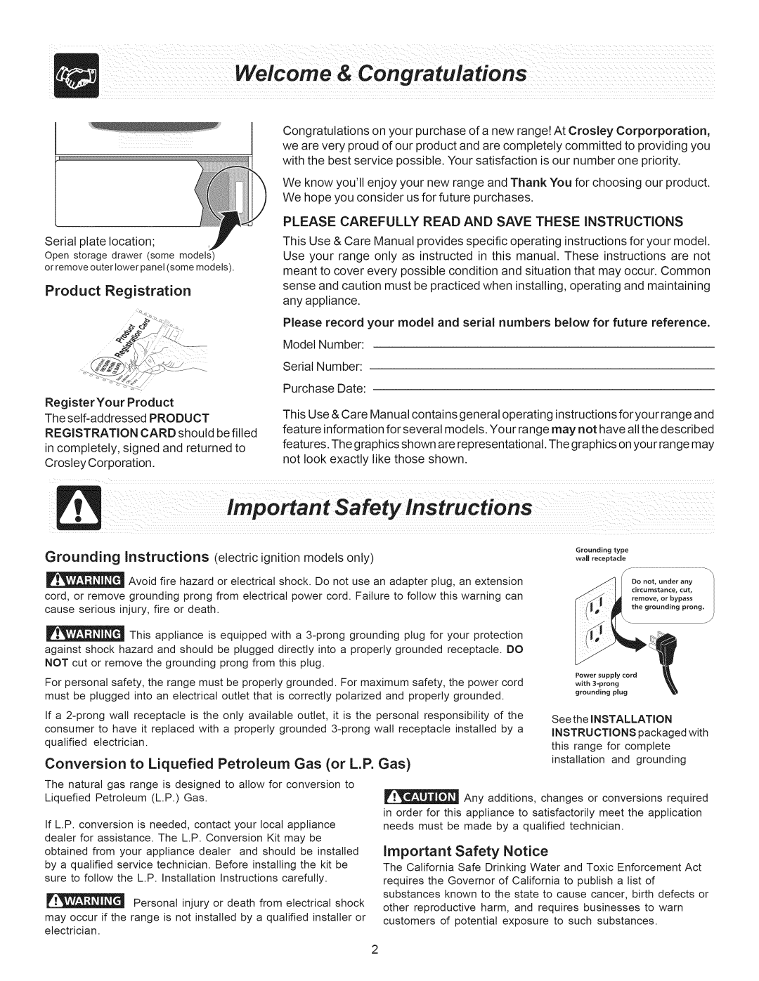 Crosley ES300 manual Product Registration, Conversion to Liquefied Petroleum Gas or L.P. Gas, Important Safety Notice 