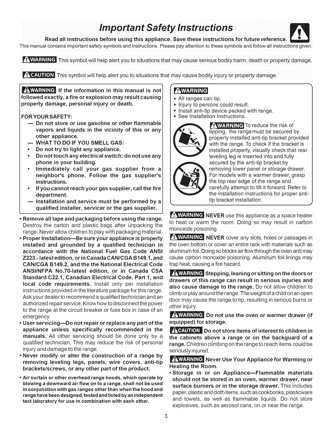 Crosley ES300 manual Important Safety Instructions, Installation 