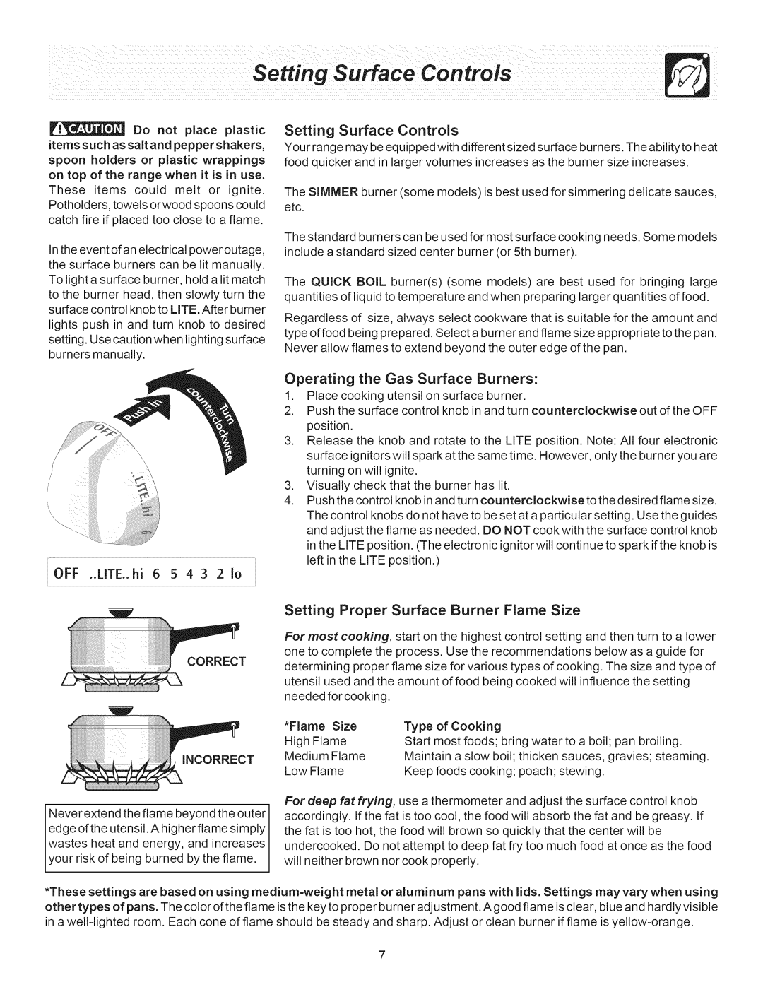 Crosley ES300 manual Setting Surface Controls, Operating the Gas Surface Burners, Setting Proper Surface Burner Flame Size 