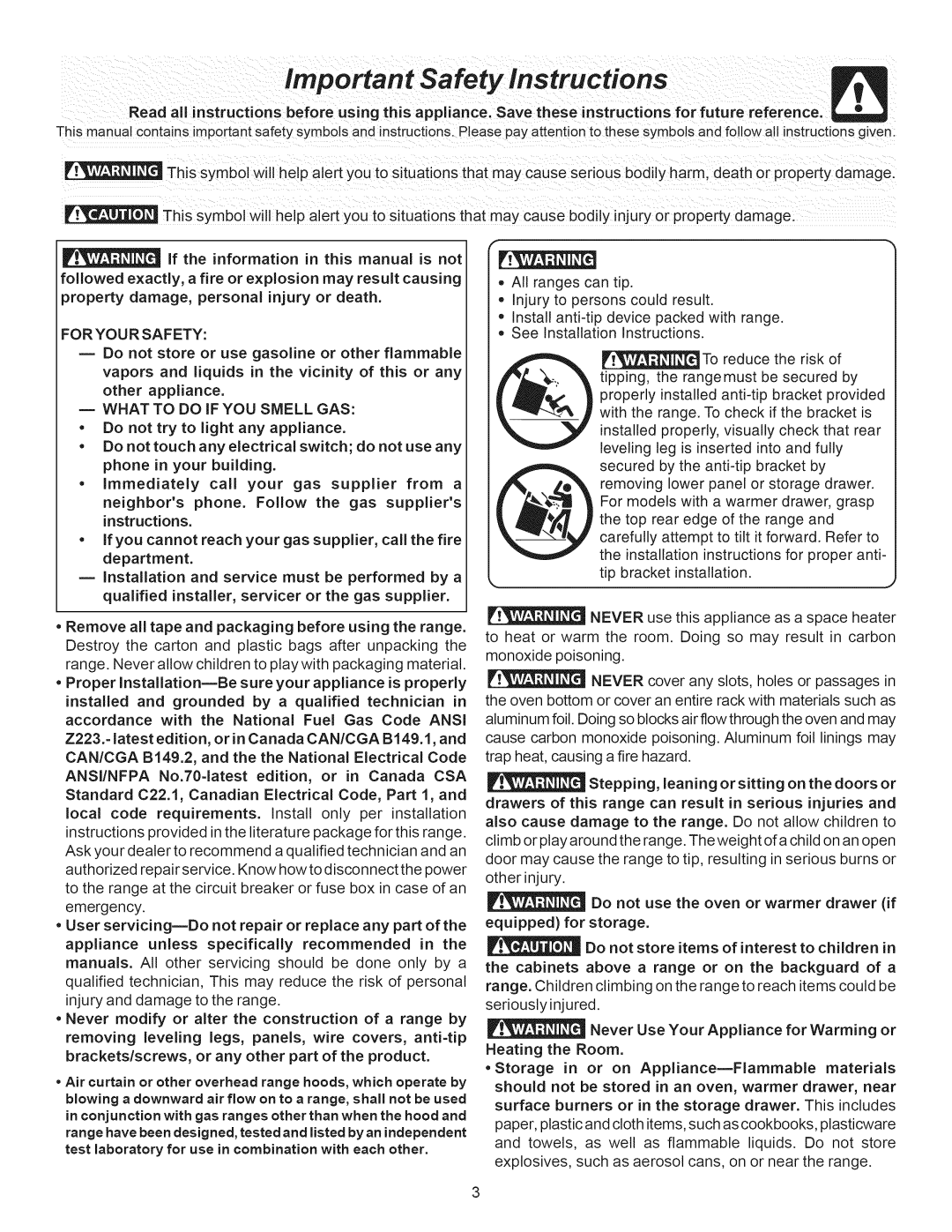 Crosley ES300 manual Important Safety Instructions, installation 