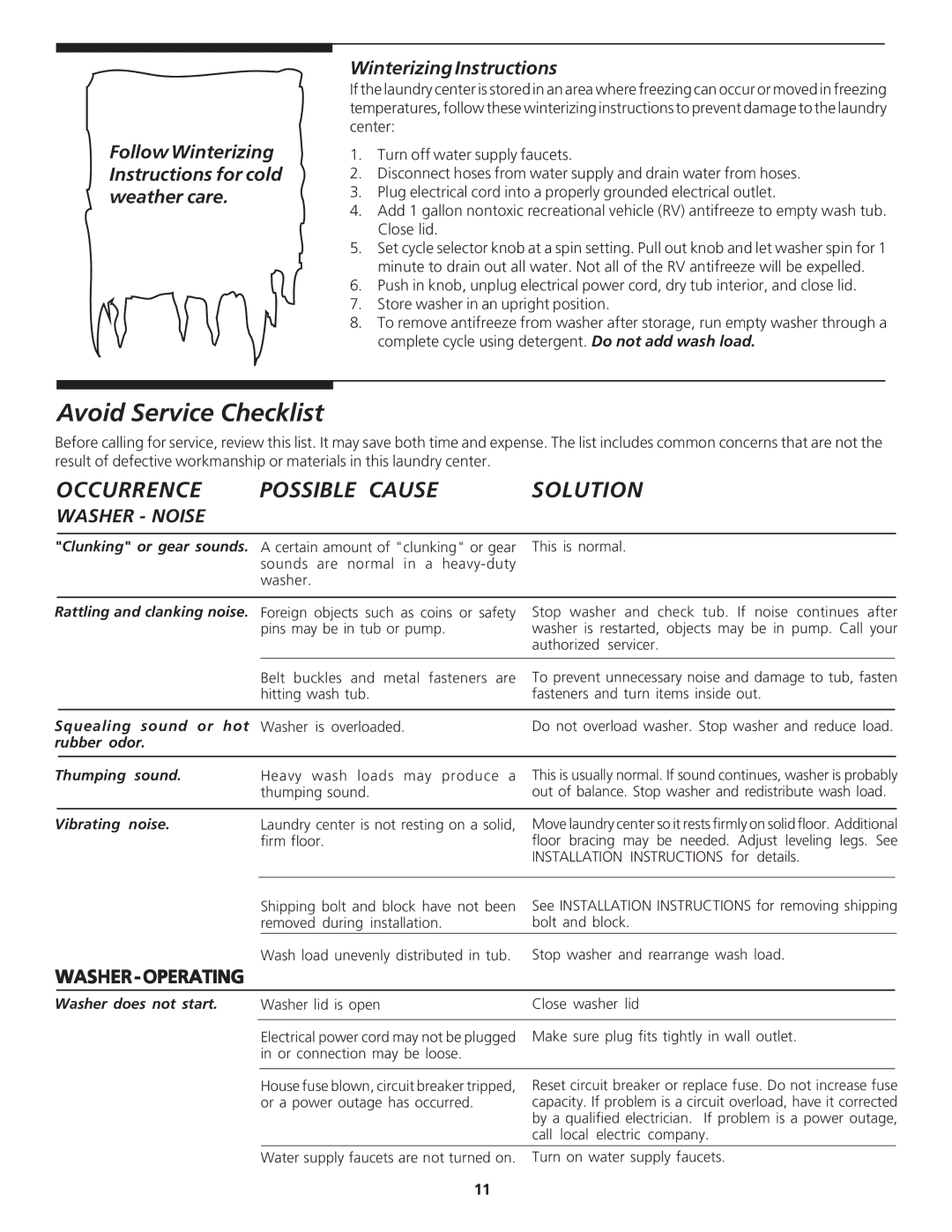 Crosley Laundry Center manual Avoid Service Checklist, Follow Winterizing Instructions for cold weather care, Washer Noise 