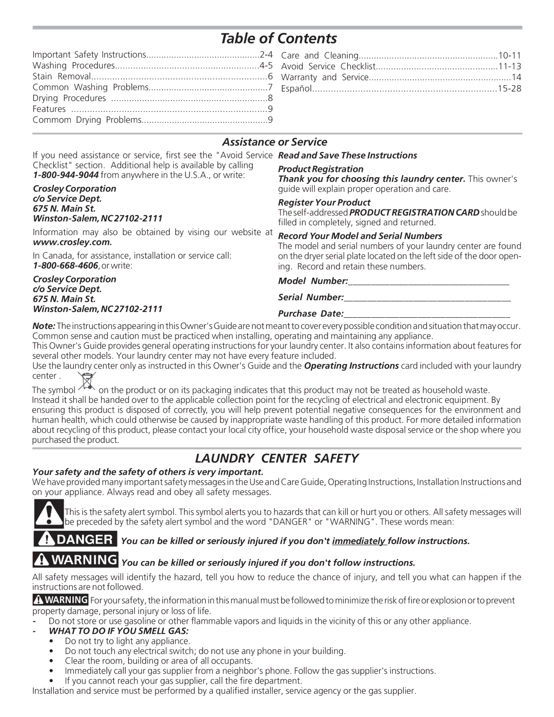 Crosley Laundry Center manual Table of Contents 