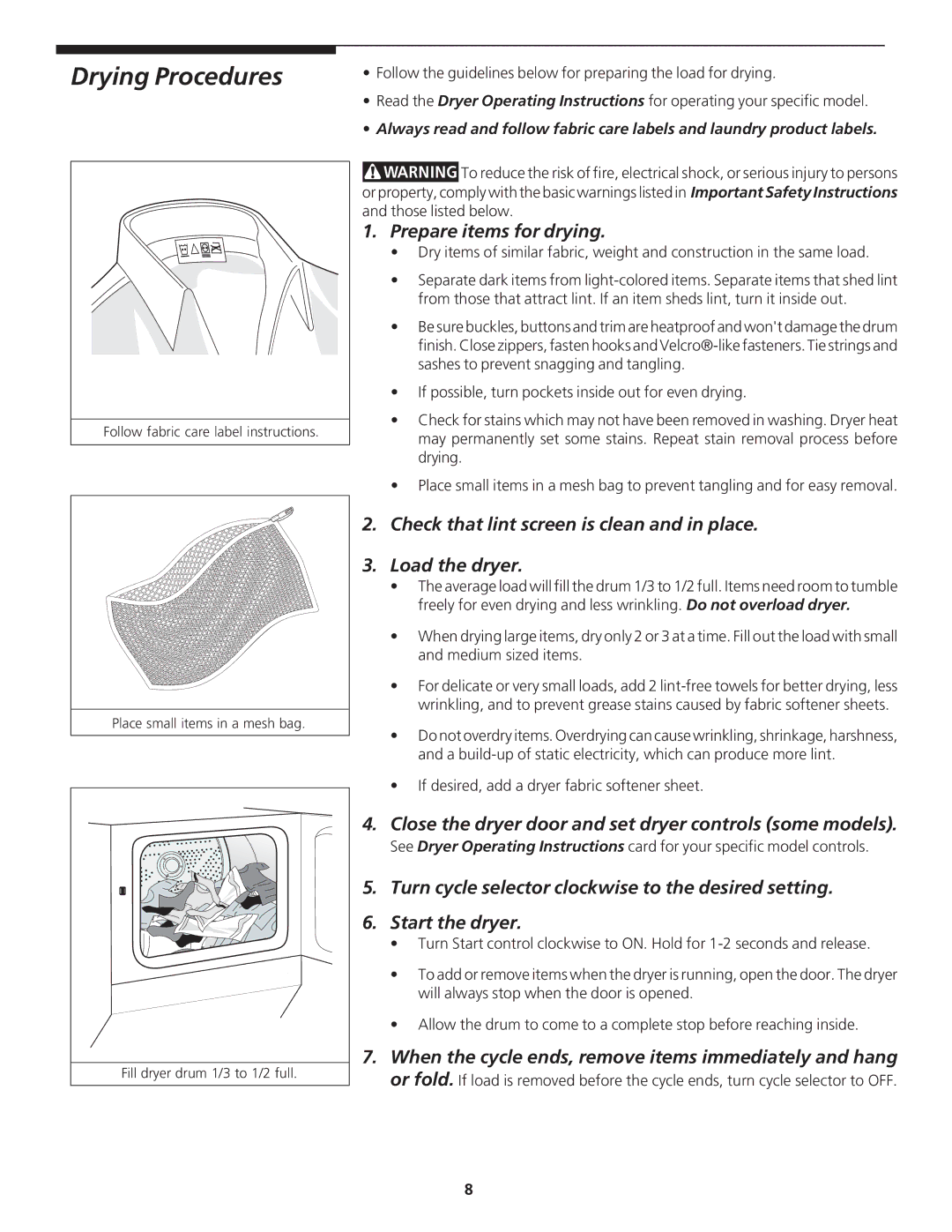 Crosley Laundry Center manual Drying Procedures, Prepare items for drying 