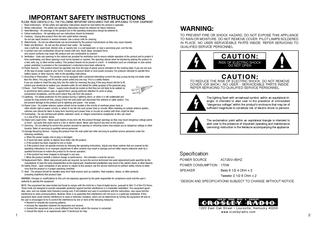 Crosley Radio CR-12DI instruction manual Important Safety Instructions 