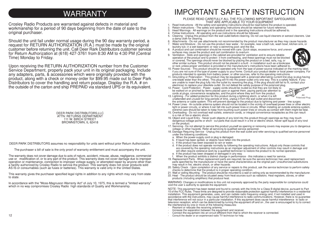 Crosley Radio CR12-2 instruction manual Warranty 