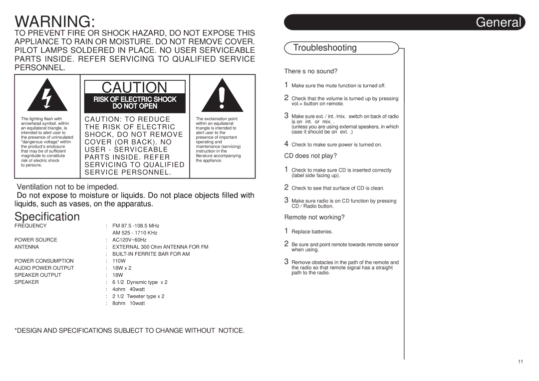 Crosley Radio CR12-2 instruction manual General, Troubleshooting 