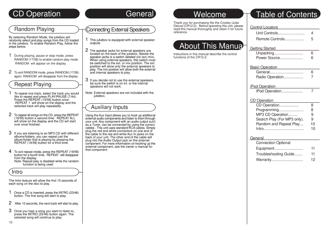 Crosley Radio CR12-2 instruction manual CD Operation, Welcome Table of Contents, About This Manual 